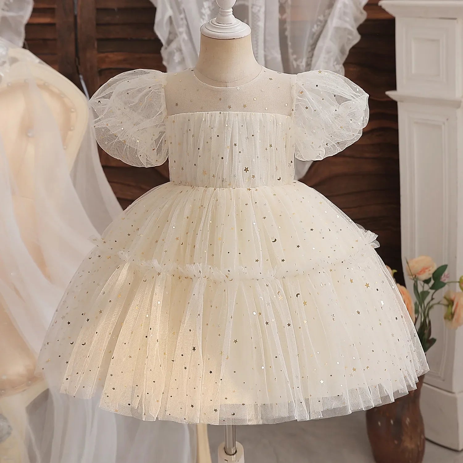 Vestido Infantil Feminino Emily Bege Lenogue / 6-12 Meses