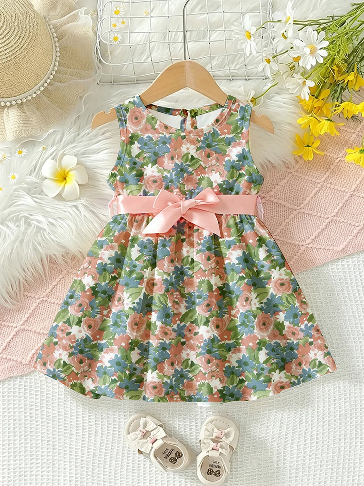 Vestido Infantil Feminino Floral Sem Manga Verde Lenogue