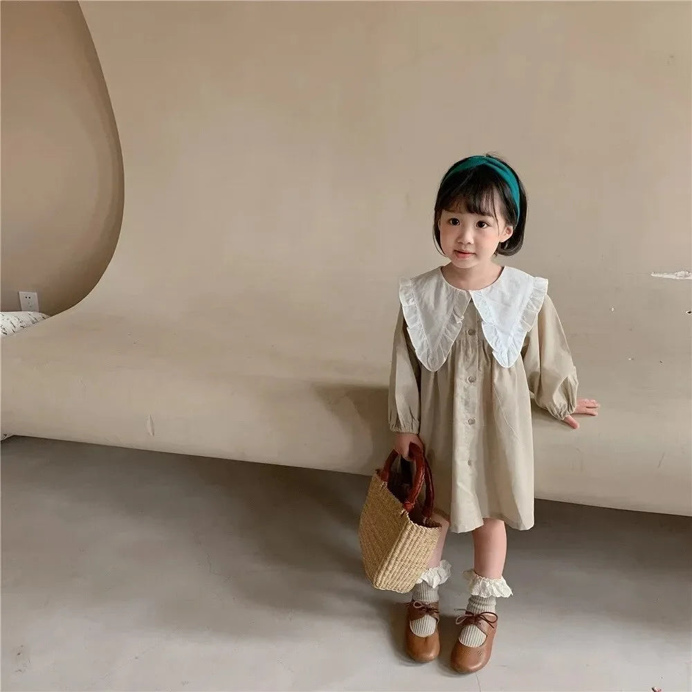 Vestido Infantil Feminino Kate Bege Lenogue Liso / 6-12 Meses
