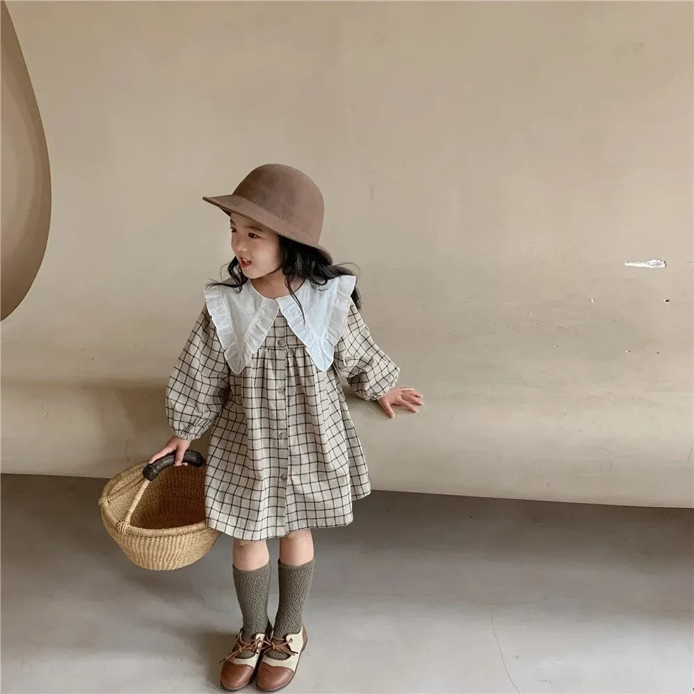 Vestido Infantil Feminino Kate Bege Lenogue Xadrês / 6-12 Meses