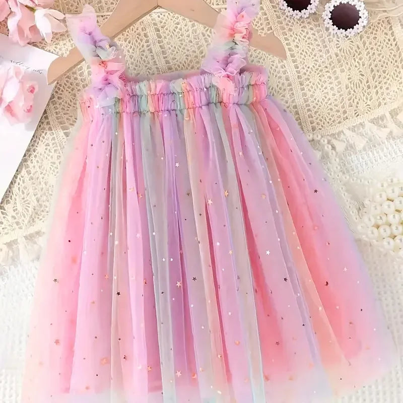 Vestido Infantil Feminino Tule Colorido Lenogue Rosa / 6-12 Meses