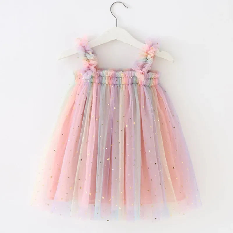 Vestido Infantil Feminino Tule Colorido para Ocasiões Especiais Rosa / 9 Meses