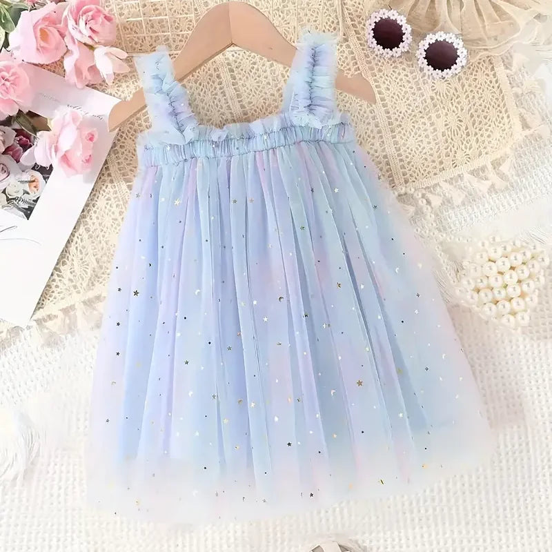 Vestido Infantil Feminino Tule Unicórnio Azul Lenogue