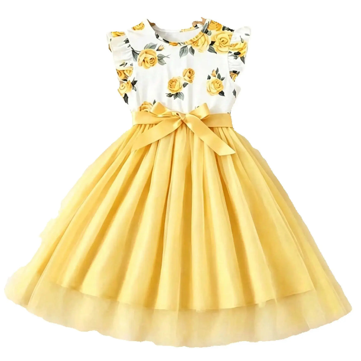 Vestido Infantil Floral Sem Manga Amarelo Lenogue