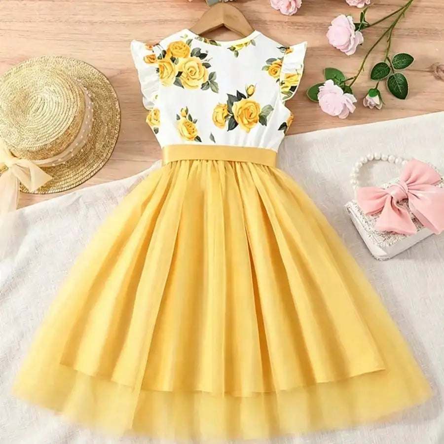 Vestido Infantil Floral Sem Manga Amarelo Lenogue