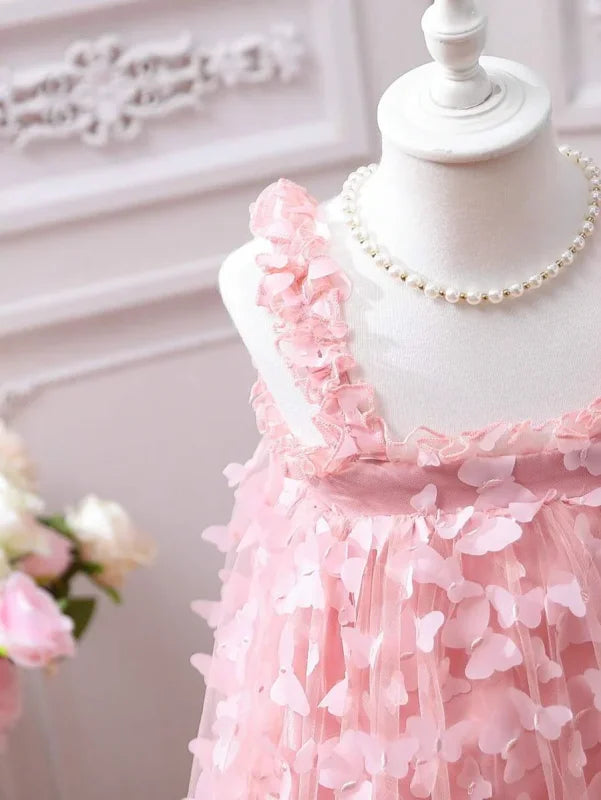 Vestido Infantil Luxuoso com Tutu Rosa e Detalhes em Borboleta 3d