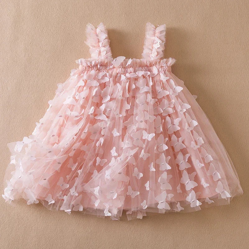 Vestido Infantil Luxuoso com Tutu Rosa e Detalhes em Borboleta 3d