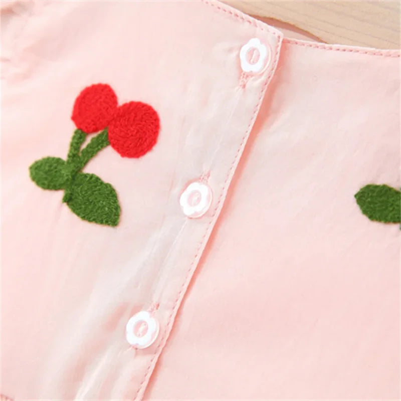 Vestido Infantil Princesa Bordado Cereja Manga Bufante Lenogue