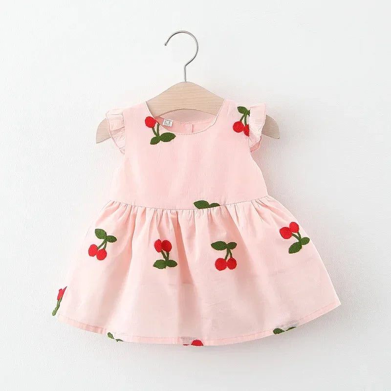 Vestido Infantil Princesa Bordado Cereja Manga Bufante Lenogue Rosa / 6 12 Meses