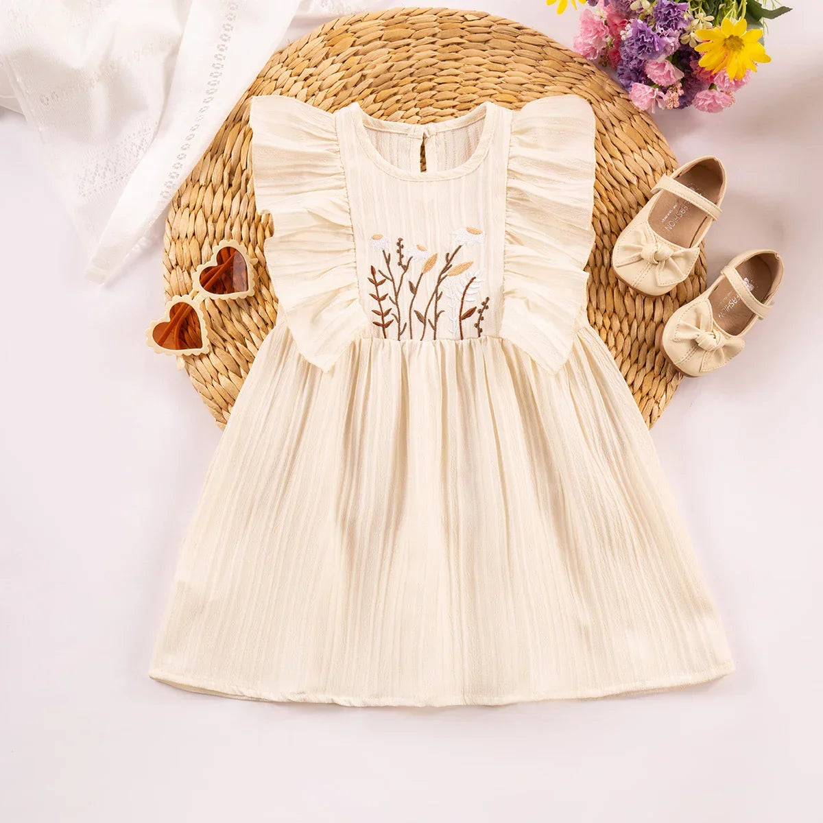 Vestido Infantil Princesa Bordado Floral Manga Babado Lenogue Bege / 6-12 Meses