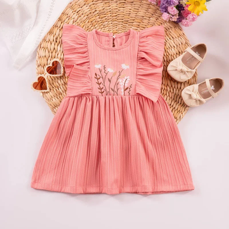 Vestido Infantil Princesa Bordado Floral Manga Babado Lenogue Rosa / 6 12 Meses