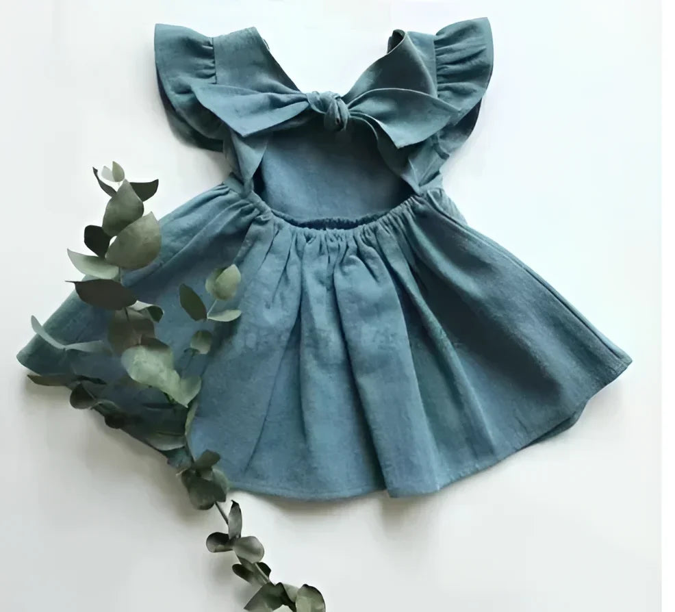 Vestido Infantil Ruffles sem Manga Laço nas Costas Lenogue Azul / 6-12 Meses