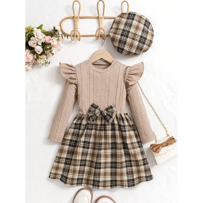 Vestido Infantil Xadrez com Boina Estilo Britânico Lenogue