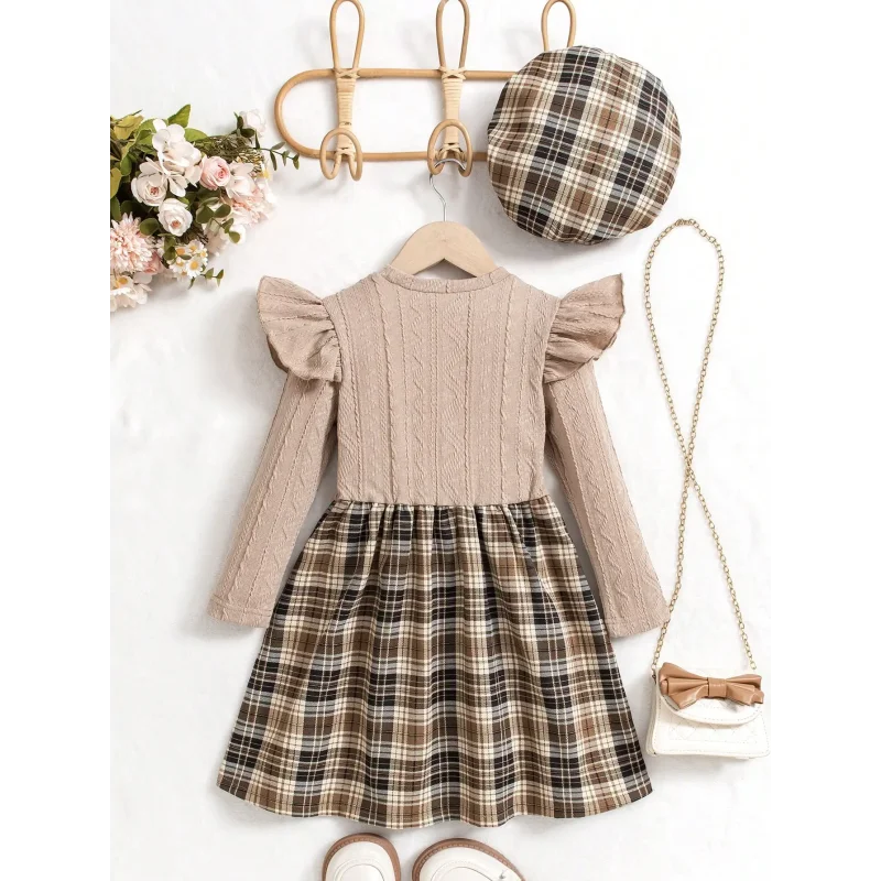 Vestido Infantil Xadrez com Boina Estilo Britânico Lenogue