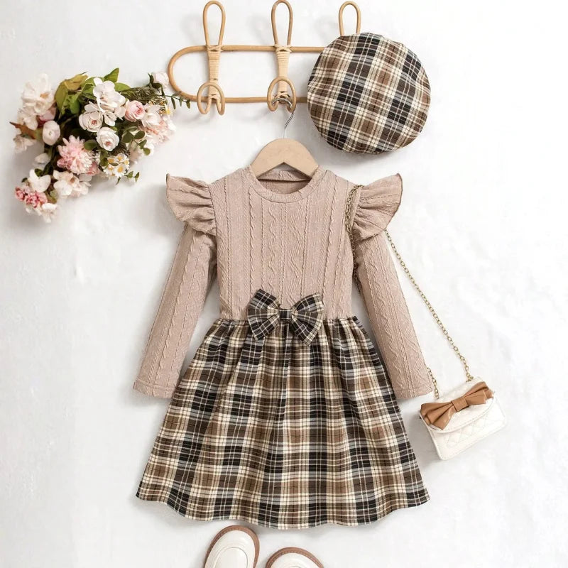 Vestido Infantil Xadrez com Boina Estilo Britânico Lenogue Bege / 18-24 Meses