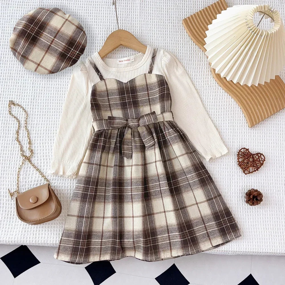 Vestido Infantil Xadrez Manga Longa com Cinto e Chapéu Lenogue