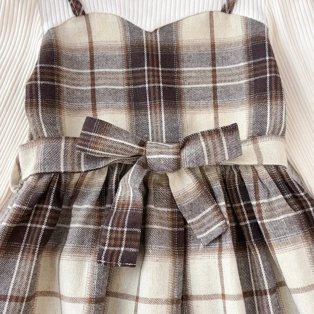 Vestido Infantil Xadrez Manga Longa com Cinto e Chapéu Lenogue
