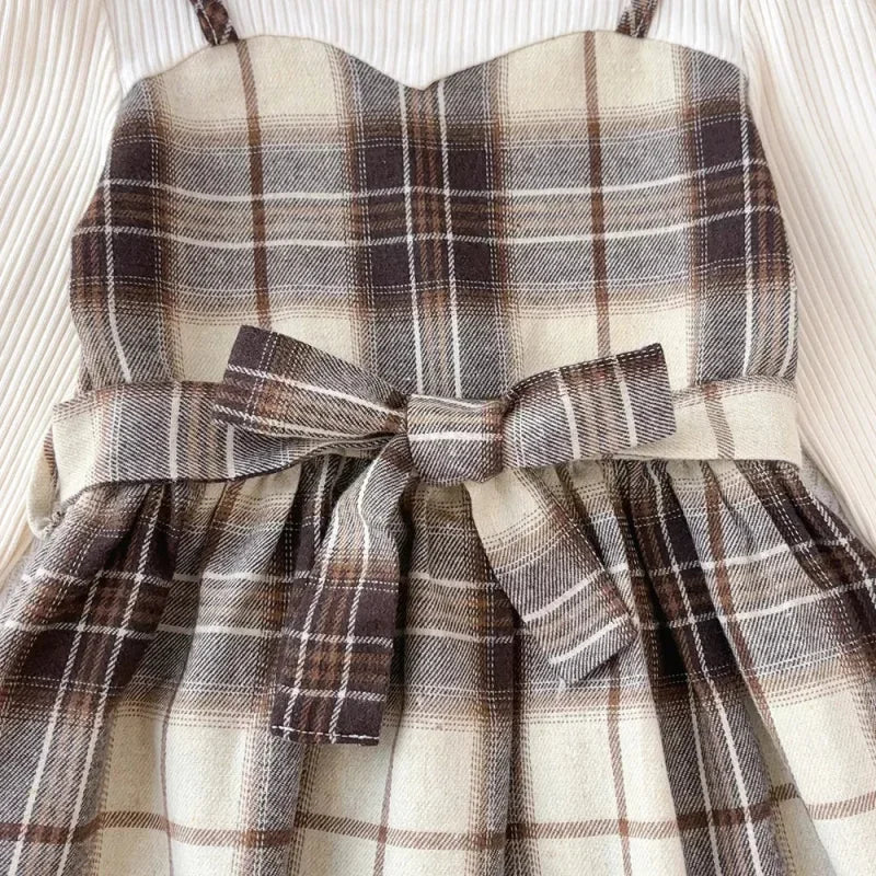 Vestido Infantil Xadrez Manga Longa com Cinto e Chapéu Lenogue