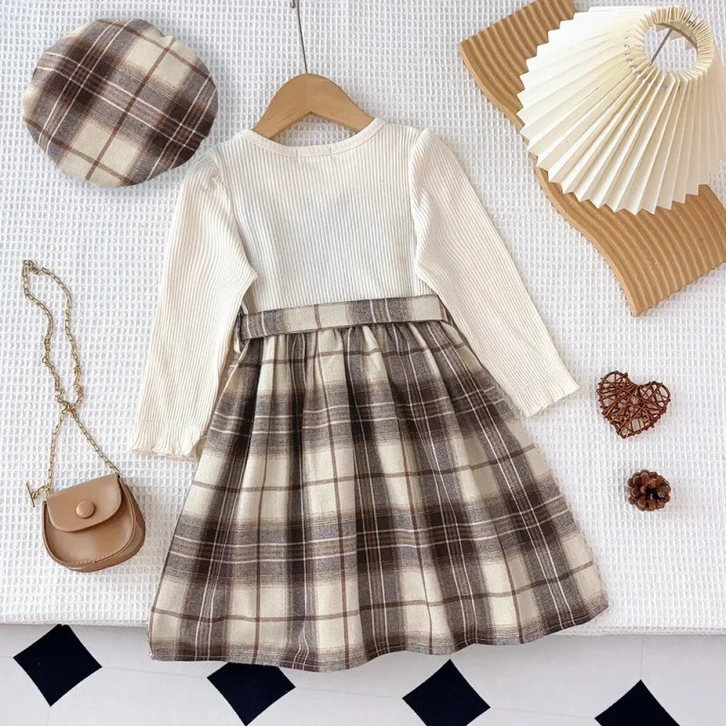 Vestido Infantil Xadrez Manga Longa com Cinto e Chapéu Lenogue