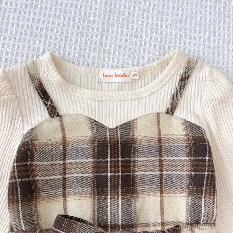 Vestido Infantil Xadrez Manga Longa com Cinto e Chapéu Lenogue